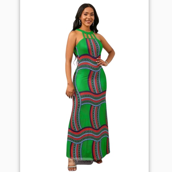 Sexy, Green, Red Geometric Printed Halter Neck, Boho, Swing Tribal Dress, Sz L - Picture 4 of 5